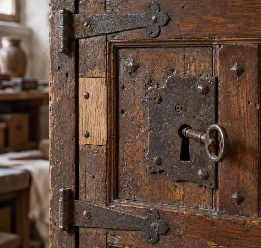 Detalle de cerradura y herrajes de un mueble antiguo