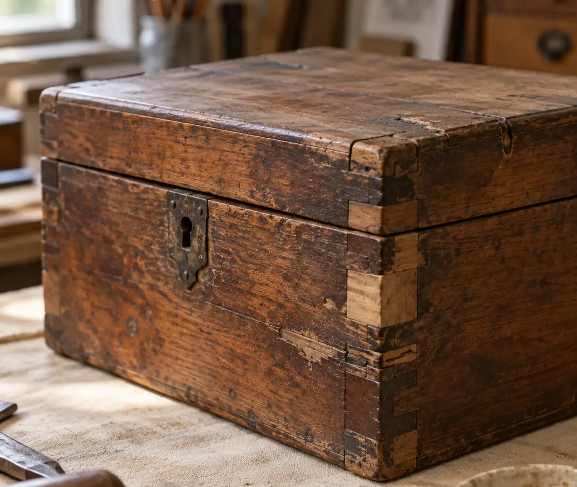 Caja antigua de madera con uniones visibles